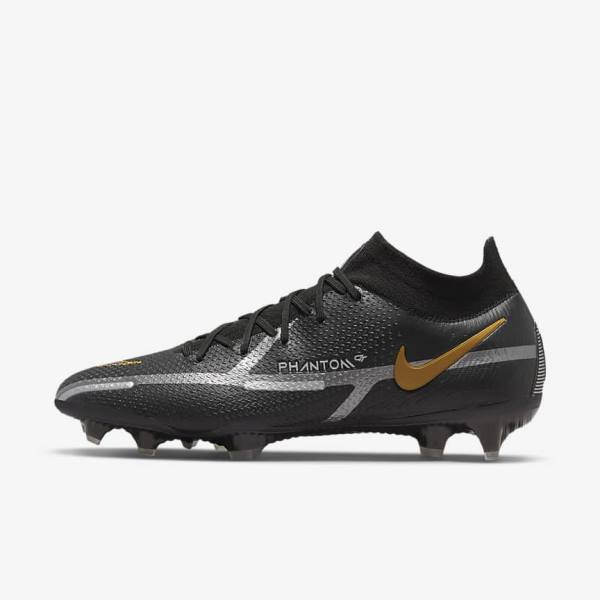 Nike Phantom GT2 Dynamic Fit Elite FG Firm-Ground Moški Nogometni Čevlji Črna / Kovinski Zlato / Kovinski Srebrna / Kovinski Temno Siva | NK960HTJ