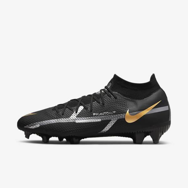 Nike Phantom GT2 Pro Dynamic Fit FG Firm-Ground Moški Nogometni Čevlji Črna / Kovinski Zlato / Kovinski Srebrna / Kovinski Temno Siva | NK806IJQ